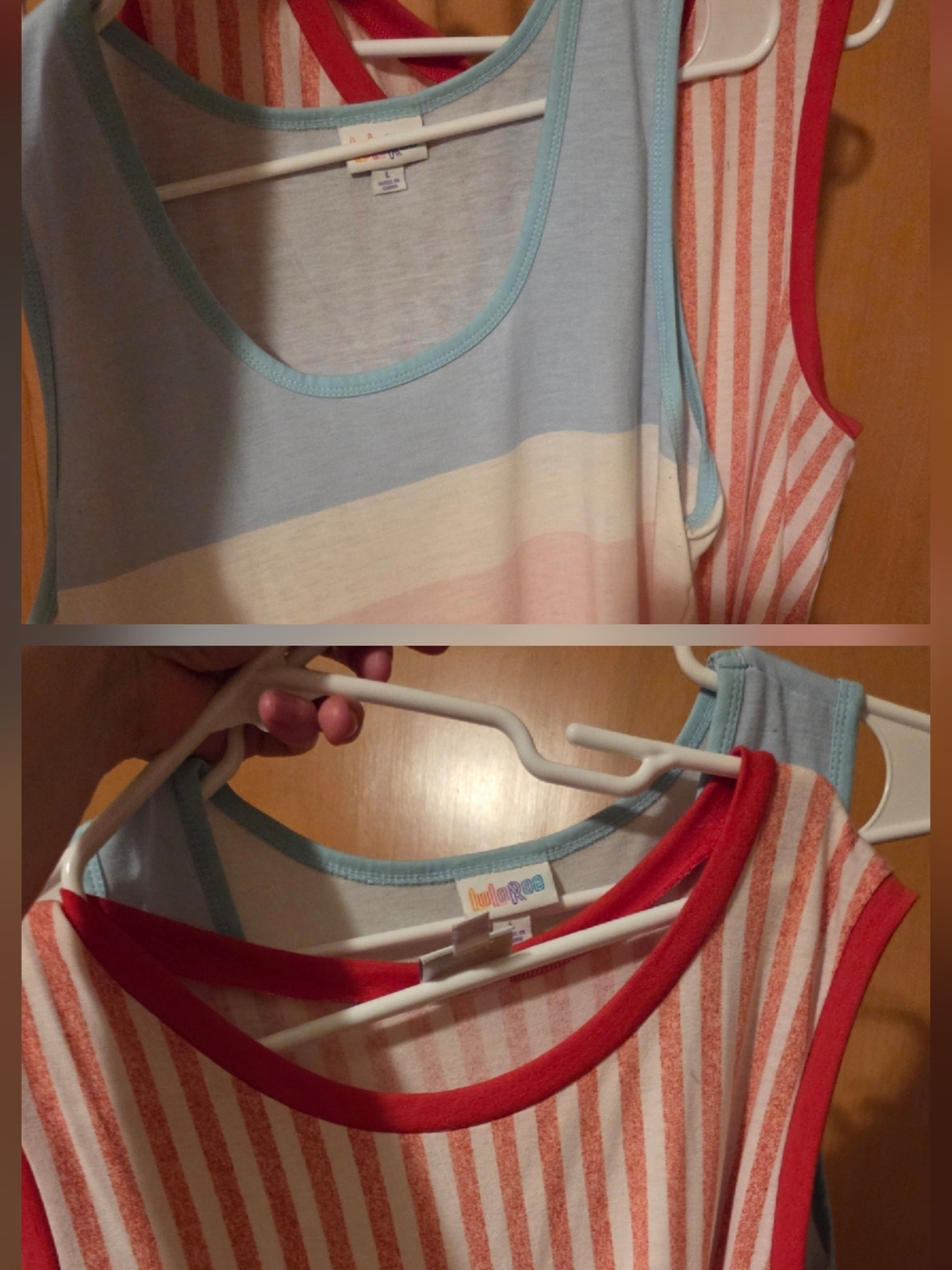 LuLaRoe Light Blue, White, Pink Striped Tank & Red-Trim Striped Tank Duo